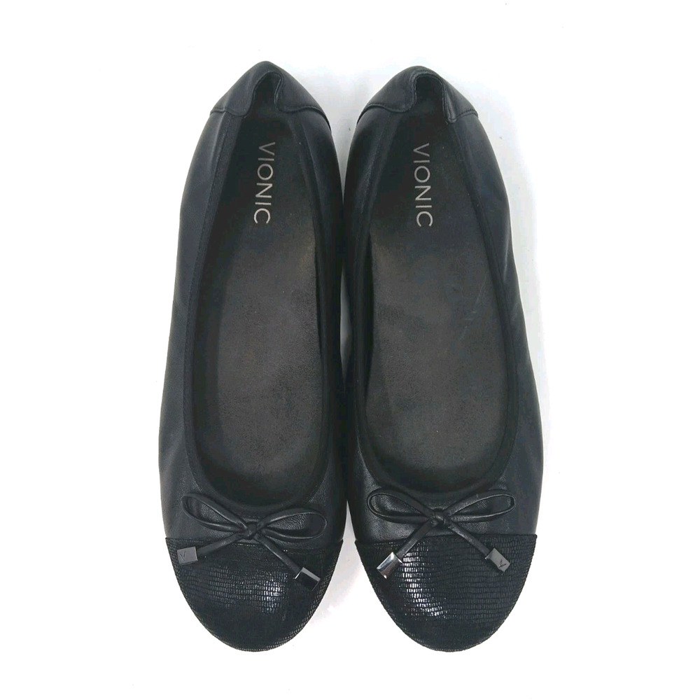 Vionic Minna Black Leather Ballet Flats Bow Cap Toe Women’s Size 11 Medium - Picture 6 of 8